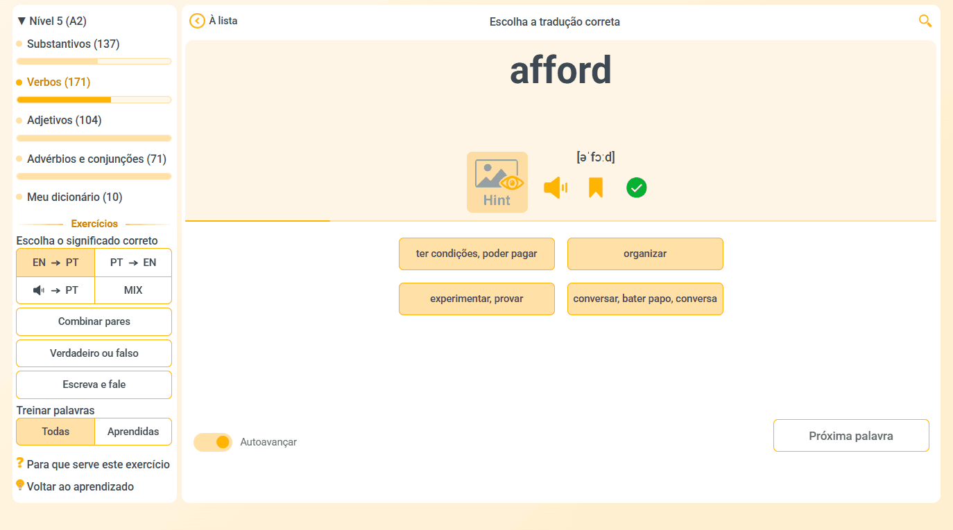 Exercícios para fixar as palavras aprendidas